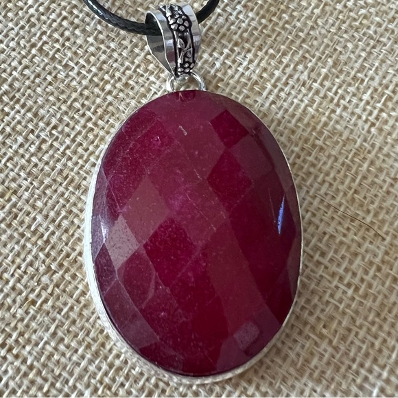 Enhanced Faceted Ruby Silver Overlay Pendant Necklace w Cord - Picture 1 of 7